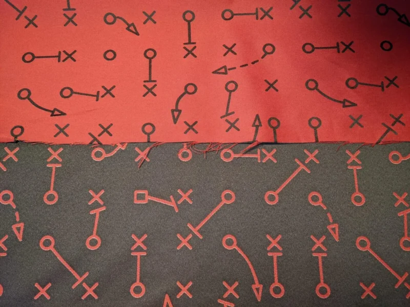 PXL_20220711_164727937 5.75+2.25y= 8y Designer Whimsical Doodle Brocade Modern Symbols Black & Red Upholstery Mid Century