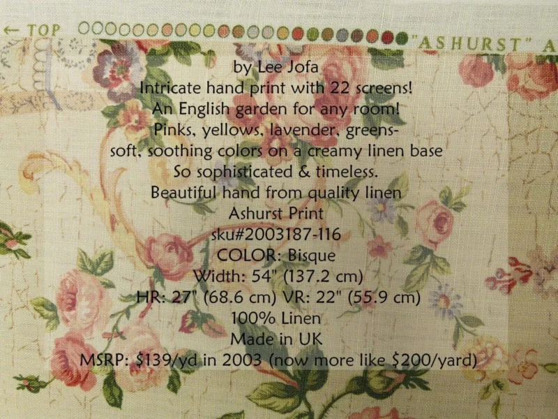 Bty Lee Jofa Ashurst Peony Tulip Lilac Rose 100%linen On Bisque English Chintz