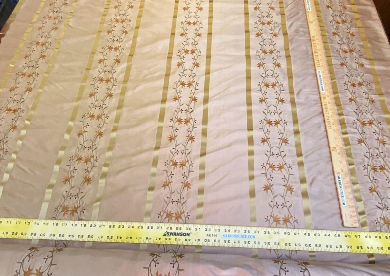 IMG_4755 Scalamandre  Maya Embroidery Bisque Embroidery Silk Floral Stripe Satin Gold Red Bronze MSRP  USD 150/Y