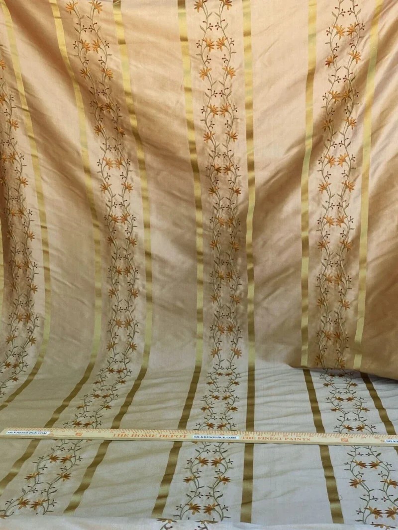 IMG_4759 Scalamandre  Maya Embroidery Bisque Embroidery Silk Floral Stripe Satin Gold Red Bronze MSRP  USD 150/Y