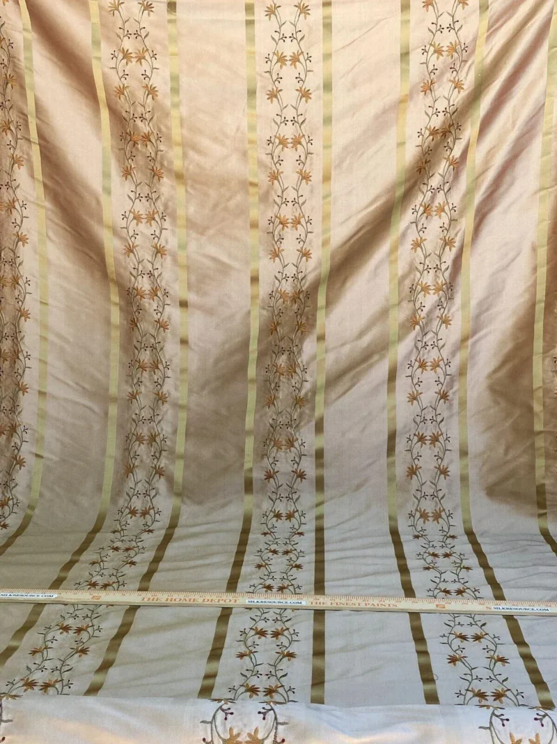 IMG_4760 Scalamandre  Maya Embroidery Bisque Embroidery Silk Floral Stripe Satin Gold Red Bronze MSRP  USD 150/Y