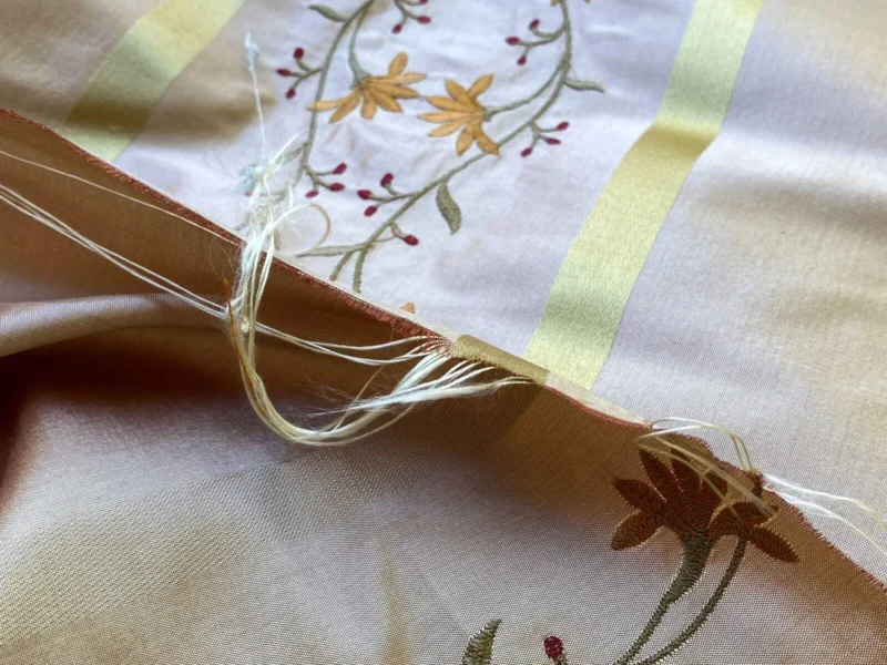 IMG_4763 Scalamandre  Maya Embroidery Bisque Embroidery Silk Floral Stripe Satin Gold Red Bronze MSRP  USD 150/Y