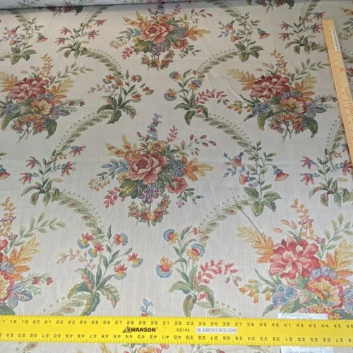 IMG_4881 Scalamandre Tarascon Natural MSRP USD 224/Y Linen Print Flower Field Bouquet From France Red Orange Blue Green Print"