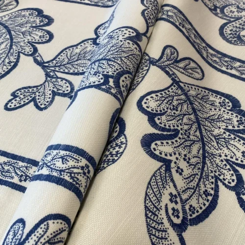 IMG_4989 0.4Y Scalamandre Brooke Navy On White Blue Cotton Linen Print Heavy Cotton Linen Jacobean Flower Albert Hadley (Copy)