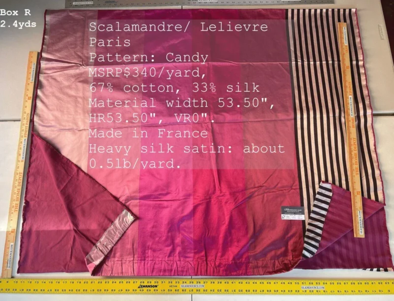 IMG_4430text 1 Boxr Scalamandre Square 2.4yards Lelievre Candy Pink Red Silk Satin MSRP USD 348/yd
