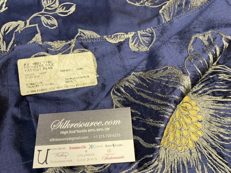 IMG_4555 7 Boxu Scalamandre Stark 2.4yds Princess Silk Patriot Blue and Gold Large Flora Floral Embroidery MSRP0+/yard