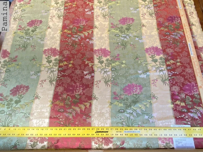 IMG_4925 Scalamandre Pamina Beige Green Wine Red 19th C Carnation Floral Lampas Stripe Lace MSRP USD 352/y