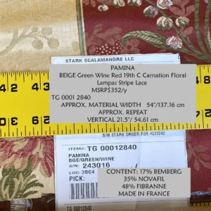 IMG_4926 Scalamandre Pamina Beige Green Wine Red 19th C Carnation Floral Lampas Stripe Lace MSRP USD 352/y