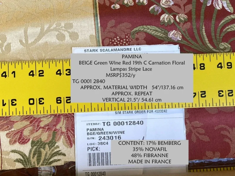 IMG_4926 Scalamandre Pamina Beige Green Wine Red 19th C Carnation Floral Lampas Stripe Lace MSRP USD 352/y