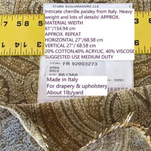 IMG_5189 Scalamandre " Asha Gold MSRP USD 256/Y Woven Turkish Paisley Chenille Gold Red Rust