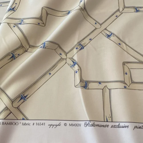IMG_5203 Scalamandre " Baldwin Bamboo Print Linen & Blue On Ecru MSRP USD 178/Y Cotton Satin