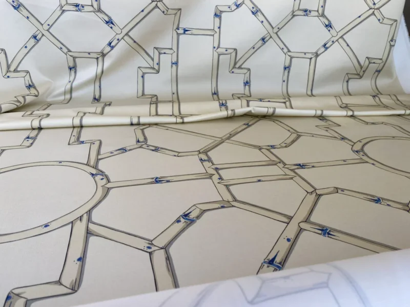 Scalamandre " Baldwin Bamboo Print Linen & Blue On Ecru MSRP USD 178/Y Cotton Satin