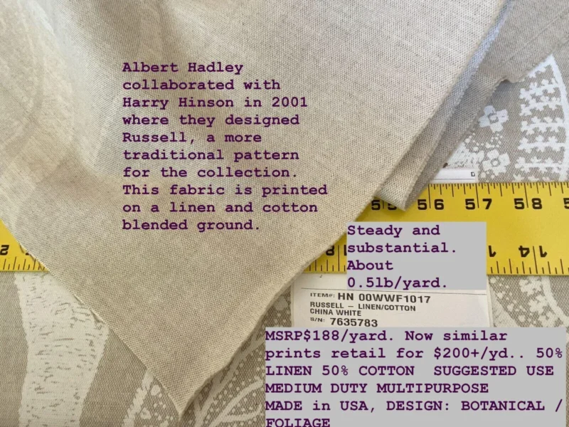 IMG_5297 Scalamandre Russell Linen Cotton China White Albert Hadley Print Jacobean MSRP USD 188/Y