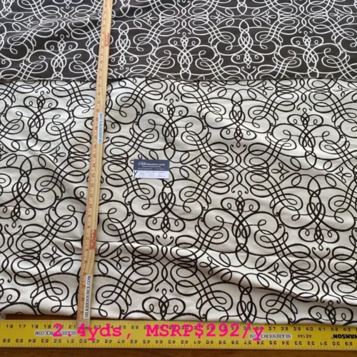 IMG_5609 7 Boxy Scalamandre 2.4 Yards Flourish Scroll Ebony Silk Lampas Black and White MSPR USD292/Y