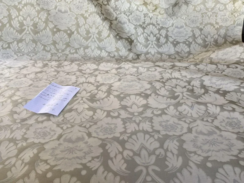 IMG_6302 Fabricut Byrnes In Linen Beige Silk Cotton Lampas Renaissance Damask MSRP USD 188.50/Y