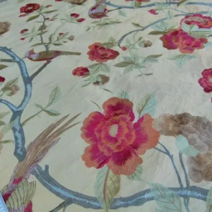 P1060153 0.63Y Scalamandre Palash Embroidery Parrot Bird Flower Tree of Life Palampore Tree Peony Red Gold Chinoiserie MSRP USD 332/yard