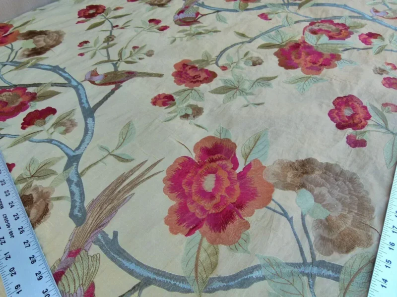 P1060153 0.63Y Scalamandre Palash Embroidery Parrot Bird Flower Tree of Life Palampore Tree Peony Red Gold Chinoiserie MSRP USD 332/yard