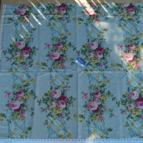 P1060354 16 Ev4 Scalamandre 46" Sophia Blue Floral Rose and Sash Garland Stripe Linen Cotton print Trompe l'oeil