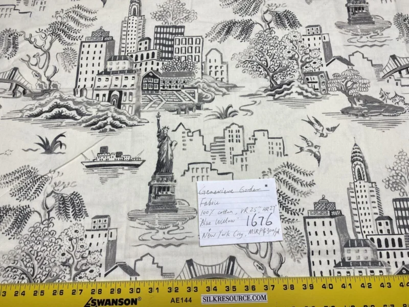 3.4yards Genevieve Gorder Toile New York City Landmarks Cotton Print Charcoal Black On White Statue Of Liberty