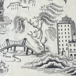 3.4yards Genevieve Gorder Toile New York City Landmarks Cotton Print Charcoal Black On White Statue Of Liberty