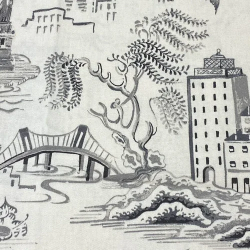 IMG_6581 3.4yards Genevieve Gorder Toile New York City Landmarks Cotton Print Charcoal Black On White Statue Of Liberty