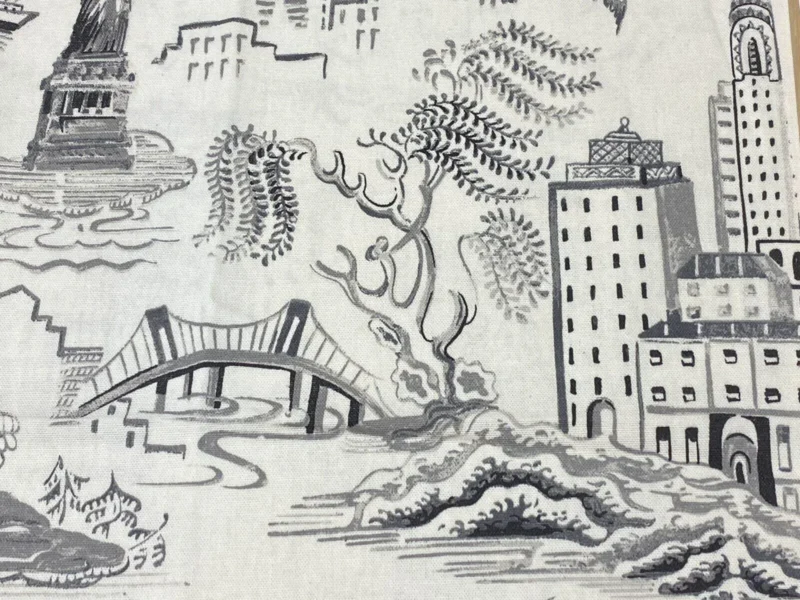 3.4yards Genevieve Gorder Toile New York City Landmarks Cotton Print Charcoal Black On White Statue Of Liberty