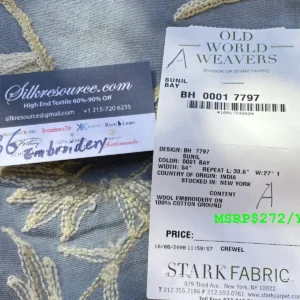 IMG_6604 4a Berkbox6 Scalamandre Embroidery Square Sunil Bay Blue Crewel Wool On Cotton MSRP USD 272