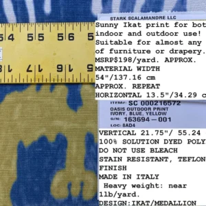 Scalamandre Oasis Outdoor Print Ivory, Blue, Yellow Large Ikat Suzani MSRP USD 198/Y