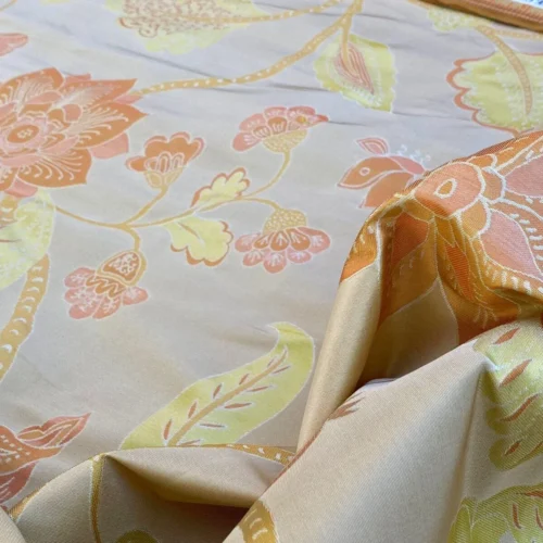 IMG_7083 Vervain Fabricut 100% Silk Isidora Romantic Damask In Melon Pink Sparkling MSRP USD 214/Y Orange Green On Warm Gold