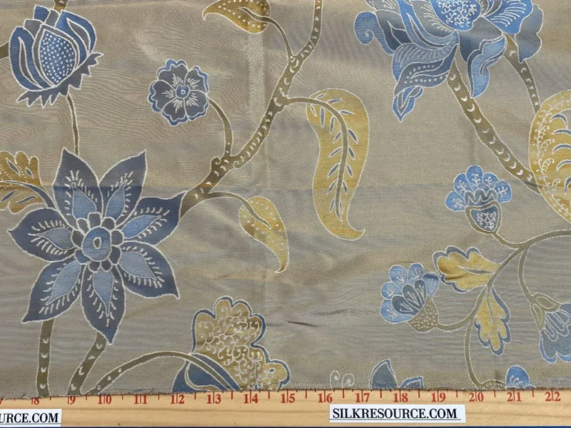 IMG_7754 Vervain Fabricut 100% Silk Isidora Romantic Damask In Horizon Blue Gold MSRP USD 214/Y