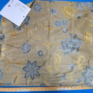 IMG_7755 Vervain Fabricut 100% Silk Isidora Romantic Damask In Horizon Blue Gold MSRP USD 214/Y