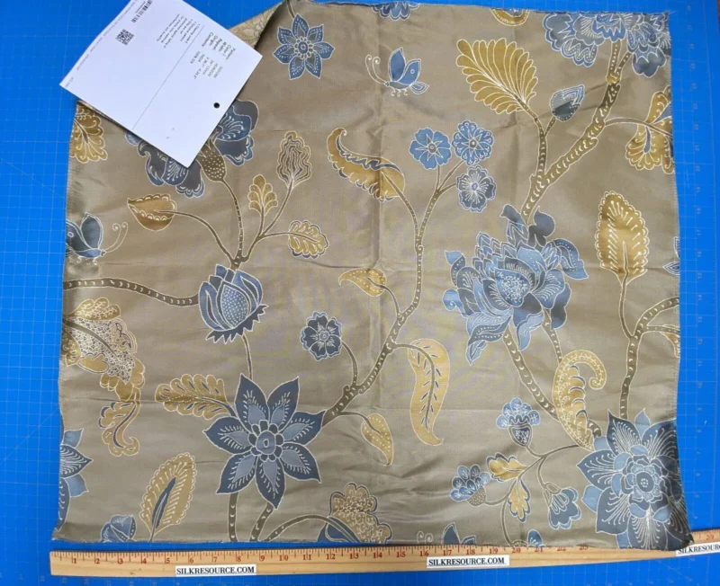 IMG_7755 Vervain Fabricut 100% Silk Isidora Romantic Damask In Horizon Blue Gold MSRP USD 214/Y