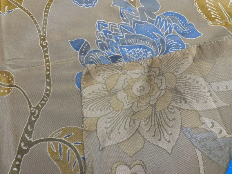 IMG_7756 Vervain Fabricut 100% Silk Isidora Romantic Damask In Horizon Blue Gold MSRP USD 214/Y