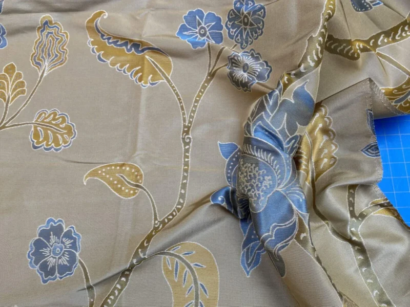 IMG_7757 Vervain Fabricut 100% Silk Isidora Romantic Damask In Horizon Blue Gold MSRP USD 214/Y