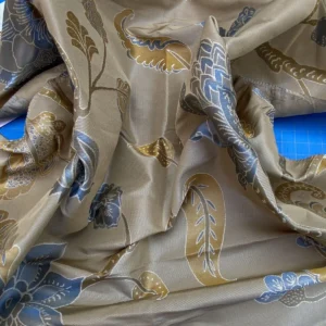 IMG_7759 Vervain Fabricut 100% Silk Isidora Romantic Damask In Horizon Blue Gold MSRP USD 214/Y