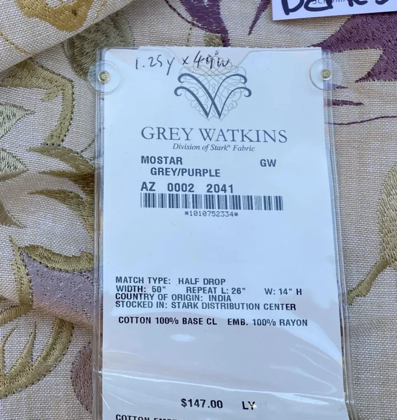 IMG_9067tag 4 Berkbox37 Length Scalamandre Mostar Grey Purple Flower Power Embroidery 1.25y MSRP USD 294/Y