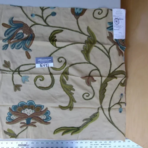 45 Ev11 Scalamandre Showroom Sample Square Pandya Bluejay Taupe Crewel Embroidery Floral #1