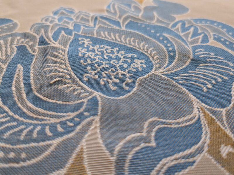 PXL_20250307_230232711 Vervain Fabricut 100% Silk Isidora Romantic Damask In Horizon Blue Gold MSRP USD 214/Y