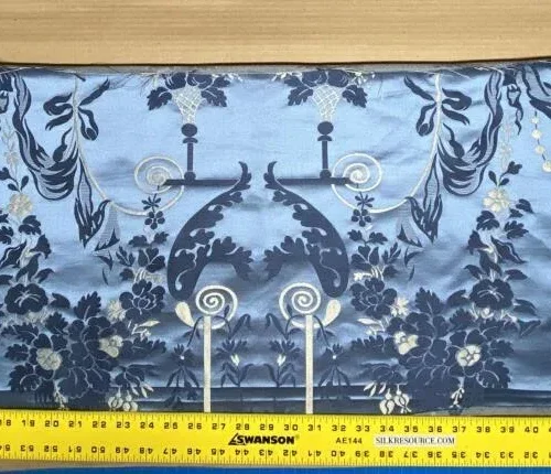 DB6D471B-C9E0-4BDC-A7EC-6A6318FB3DA2 Scalamandre Neoclassical Meuse Ornamental Silver & Blue Silk Pearl Peacock Piece C