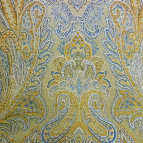 G261 Sapphire 9 By Yd Rm Coco 100% Silk Lampas Classy Renaissance Sapphire Gold Yellow MSRP USD 184.80/Y