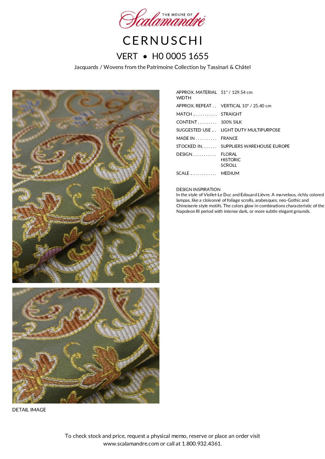 H0_00051655 Tassinari & Chatel Scalamandre Cernuschi Vert Green Silk Brocade MSRP USD 2128/Y