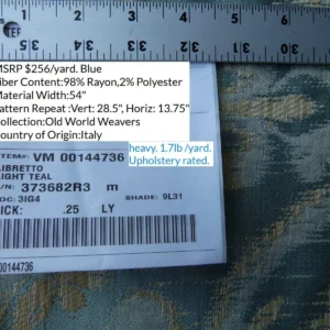 0.25 Yd Scalamandre Libretto Light Teal Blue Medallion Lampas MSRP USD 256/Y