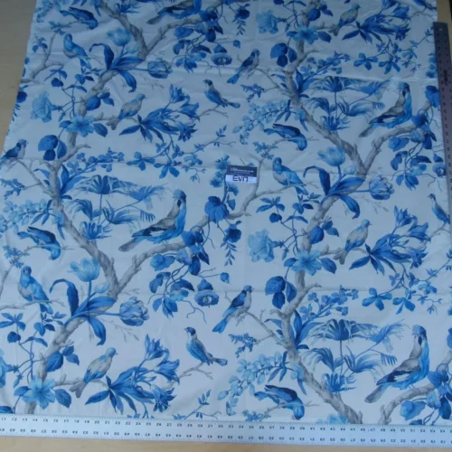 P1080981 1 Ev17 Scalamandre Sample Berlize Blue Bird Cotton Print  Tropical Tree Flora And Birds 1.4 Yards MSRP USD 454/Y