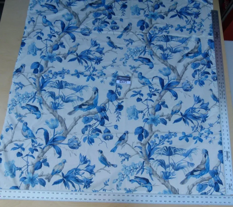 P1080981 1 Ev17 Scalamandre Sample Berlize Blue Bird Cotton Print  Tropical Tree Flora And Birds 1.4 Yards MSRP USD 454/Y