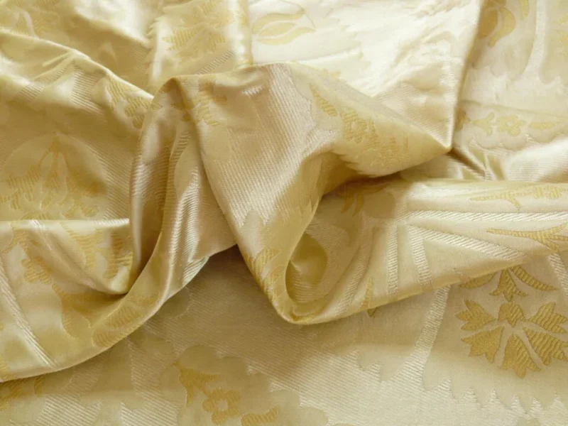 P1100222 100%silk Lampas Tulip Fan Damask 536 "flax" Off White Beige Gold Bty MSRP USD296/y!