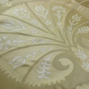 P1100225 100%silk Lampas Tulip Fan Damask 536 "flax" Off White Beige Gold Bty MSRP USD296/y!
