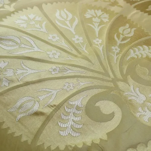 P1100225C 100%silk Lampas Tulip Fan Damask 536 "flax" Off White Beige Gold Bty MSRP USD296/y!