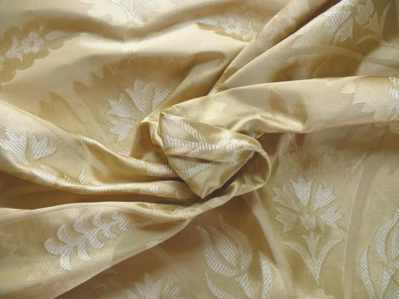 P1100227 100%silk Lampas Tulip Fan Damask 536 "flax" Off White Beige Gold Bty MSRP USD296/y!