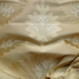 P1100229 100%silk Lampas Tulip Fan Damask 536 "flax" Off White Beige Gold Bty MSRP USD296/y!