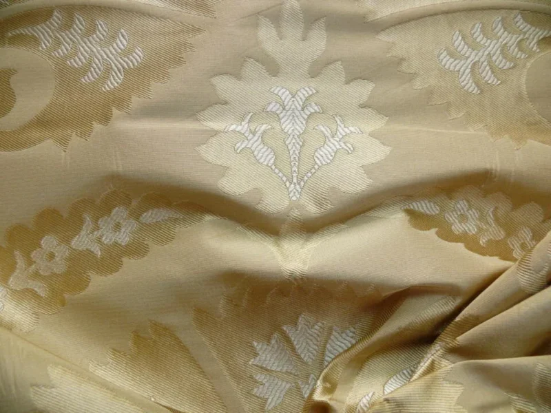P1100229 100%silk Lampas Tulip Fan Damask 536 "flax" Off White Beige Gold Bty MSRP USD296/y!